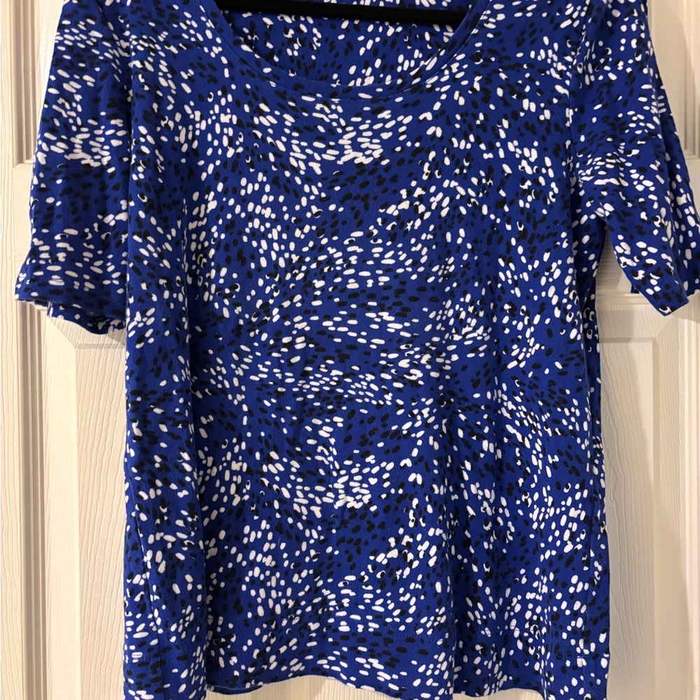 Chico's Blue and White Smocked Short Sleeve Blouse Size 1